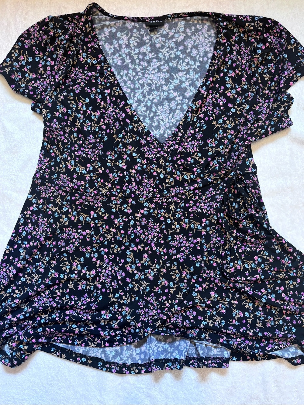 Torrid Floral Wrap V-Neck Top - Black with Pink and green Flowers